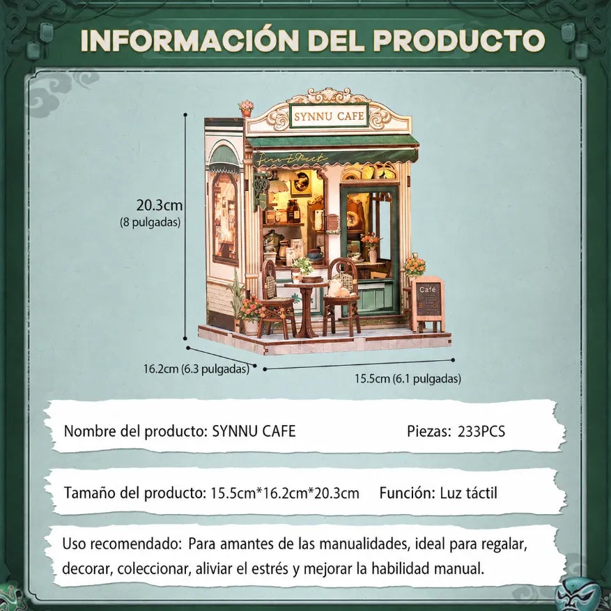 Infografía con las medidas oficiales en centímetros y pulgadas de la maqueta de madera Sunny Cafe y sus características de luz táctil.
