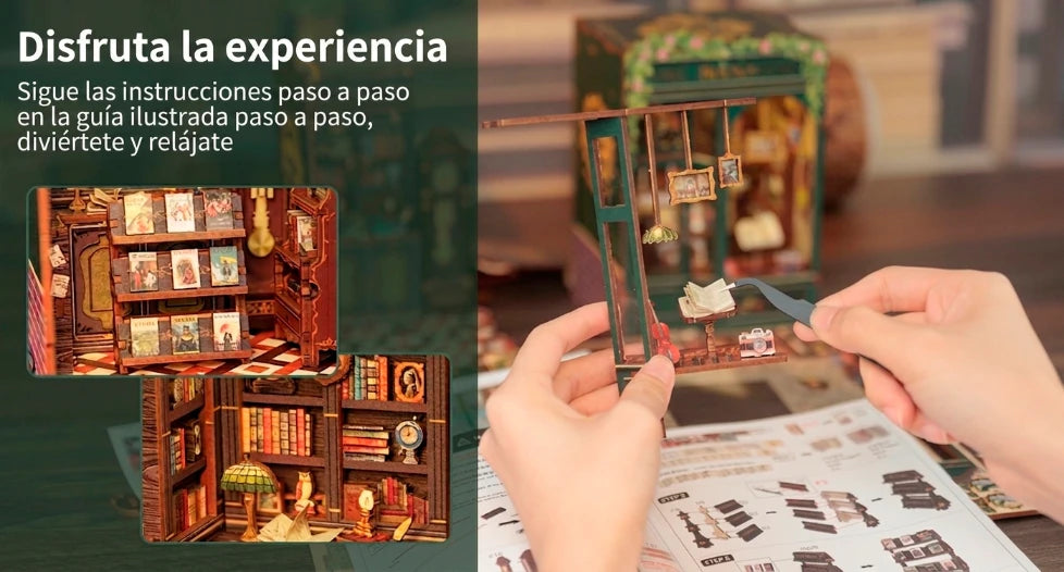 Composición que muestra el proceso de montaje del rompecabezas 3D de madera y planos de cerca de los detalles decorativos del kit DIY.