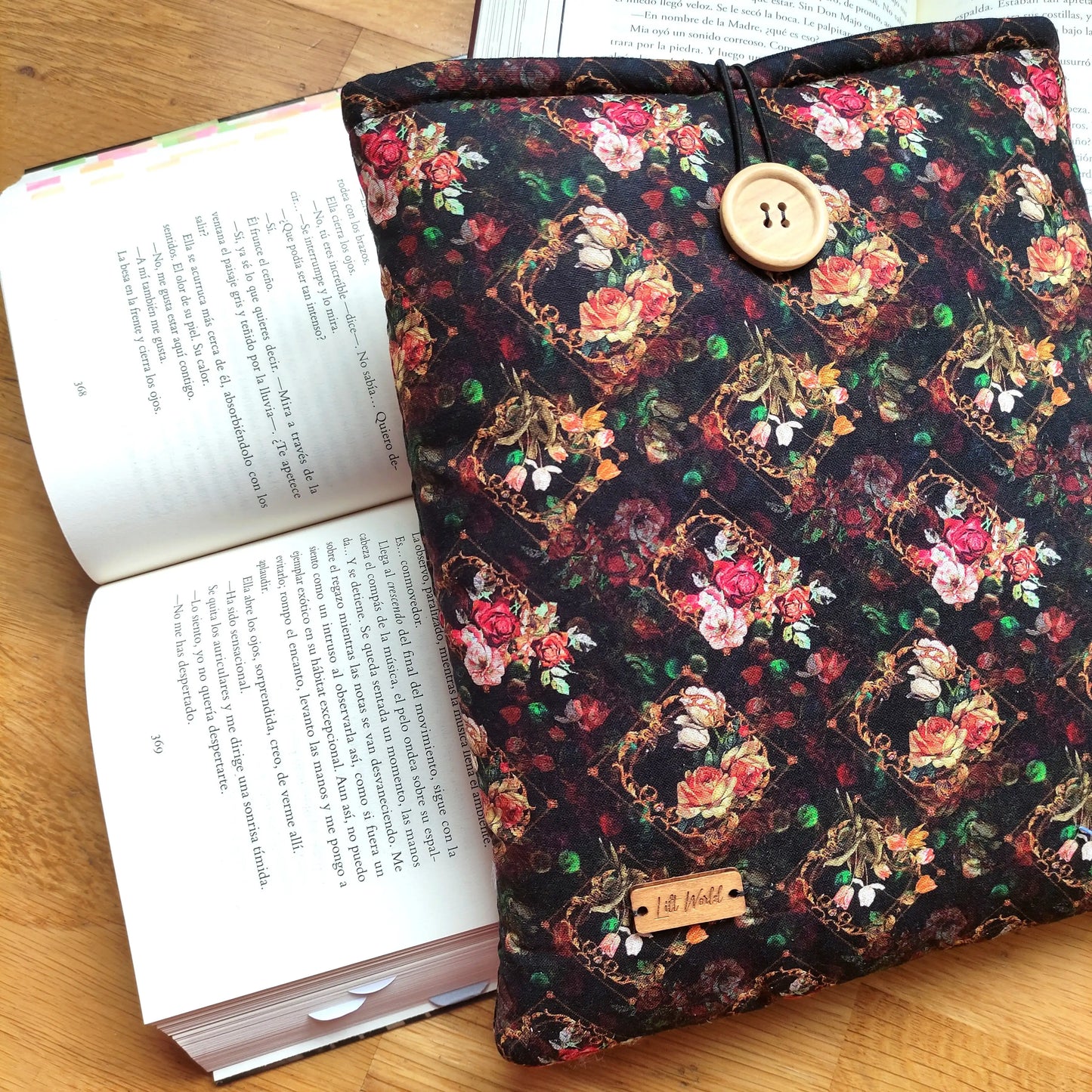 Funda acolchada de tela para libro negra con rosas Gild, el Dorado, Rumpelstiltskin