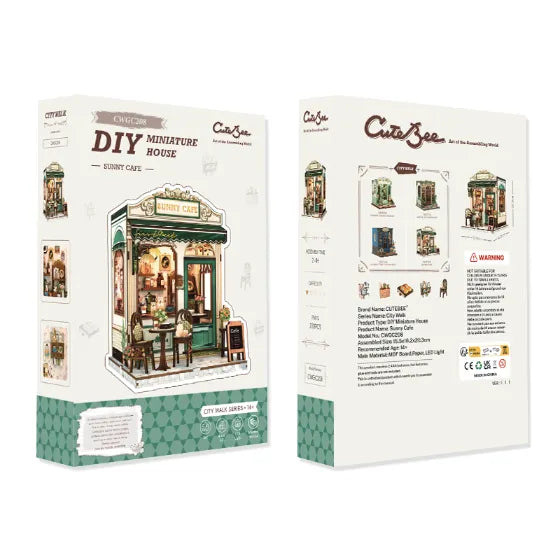 Vista frontal y trasera de la caja oficial del kit de construcción DIY Sunny Cafe de la marca CuteBee.