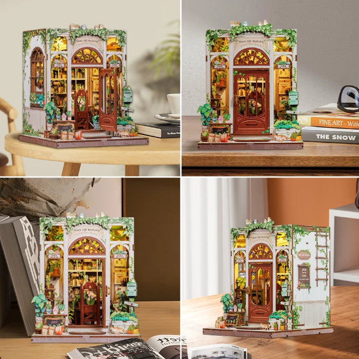 Composición de cuatro fotografías que muestran la maqueta Green Life Bookshop integrada como elemento decorativo en mesas de madera y estanterías junto a varios libros.