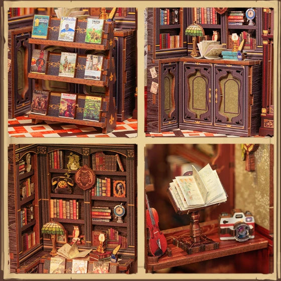 Primer plano en detalle de las estanterías de caoba repletas de libros en miniatura dentro del diorama.