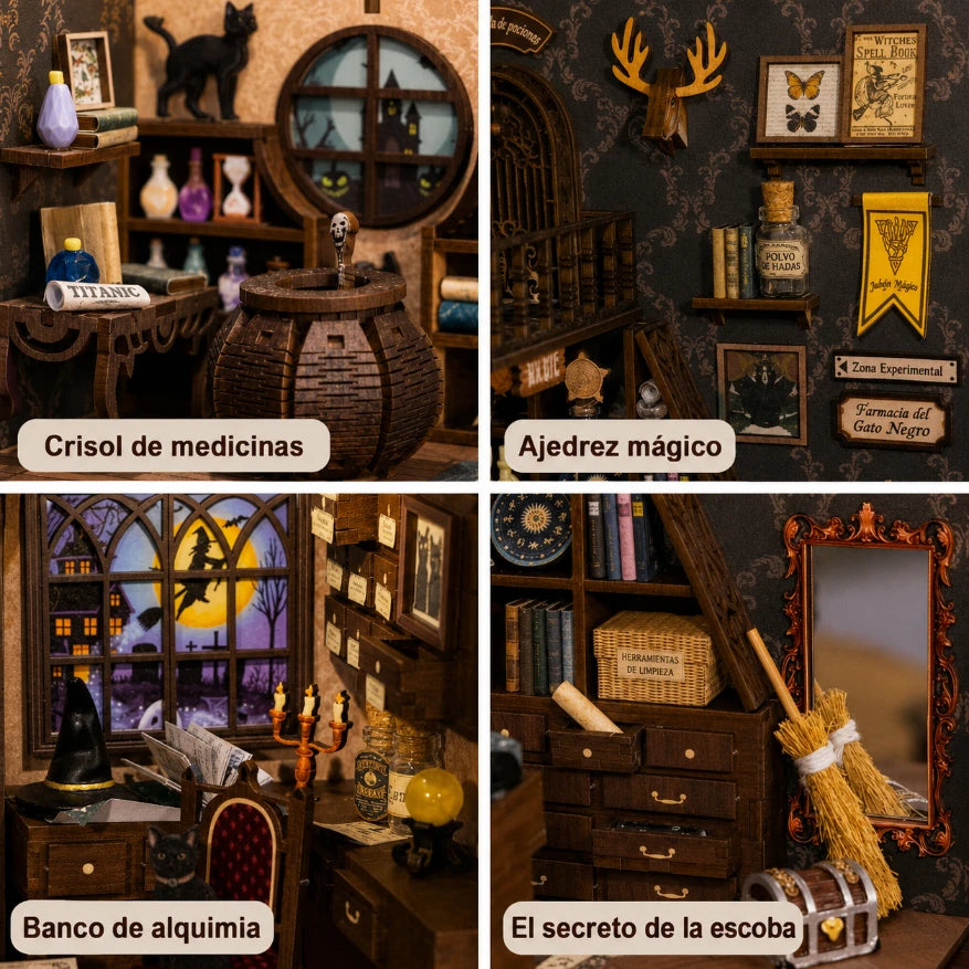 Composición de cuatro cuadrantes mostrando detalles del interior: el crisol de medicinas, el ajedrez mágico, el banco de alquimia y la escoba mágica.