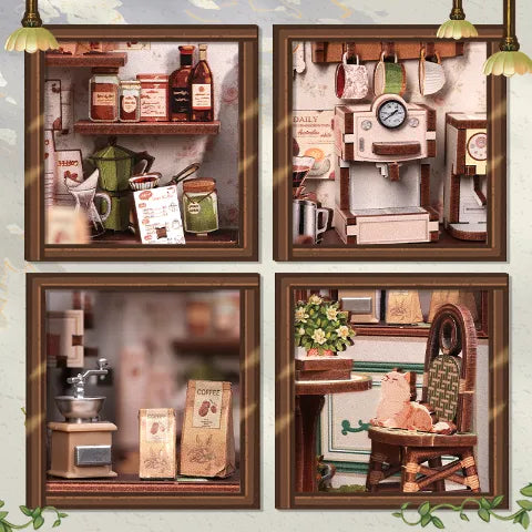 Composición de cuatro fotos de cerca mostrando detalles en miniatura como tazas, bolsas de café, un molinillo y un gato de madera.