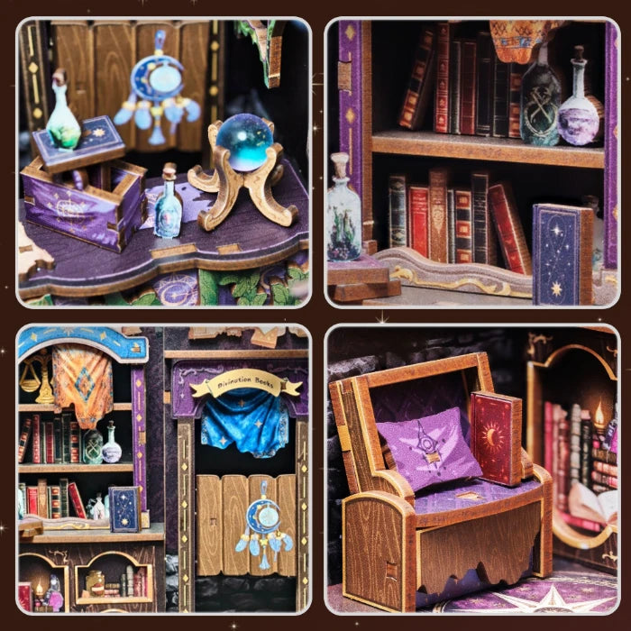 Composición de cuatro imágenes en primer plano mostrando la bola de cristal, las estanterías de libros, la zona de adivinación y el sillón morado del Book Nook.