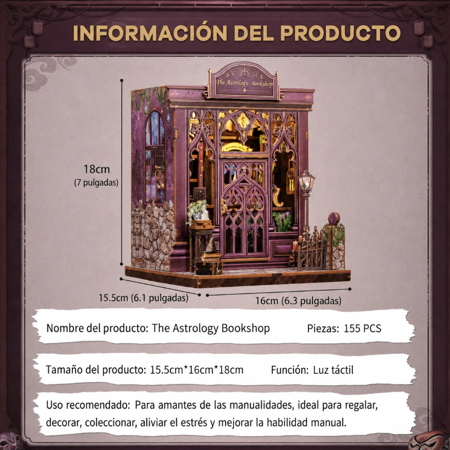 Ficha técnica del producto que detalla las medidas de 15.5x16x18 cm, las 155 piezas de madera y sus recomendaciones de uso.