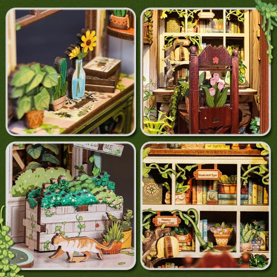 Composición de cuatro cuadrantes enfocados en detalles de la fachada, mostrando un jarrón con girasoles, el sillón de lectura interior, la jardinera exterior con un gato de madera y la estantería central.