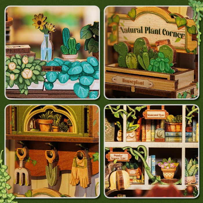 Composición de cuatro cuadrantes con detalles botánicos fijos: plantas crasas, la sección "Natural Plant Corner", pequeñas herramientas de jardín como guantes y rastrillos, y los estantes con hiedra.