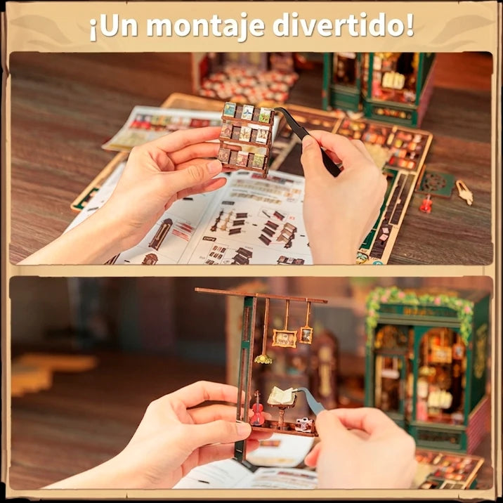 Plano de unas manos ensamblando las piezas de madera de este kit de construcción y proyecto DIY.